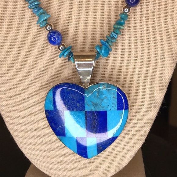 JAY KING Turquoise Lapis Mosaic Inlay Heart Pendant On Turquoise Lapis Necklace - Picture 3 of 13